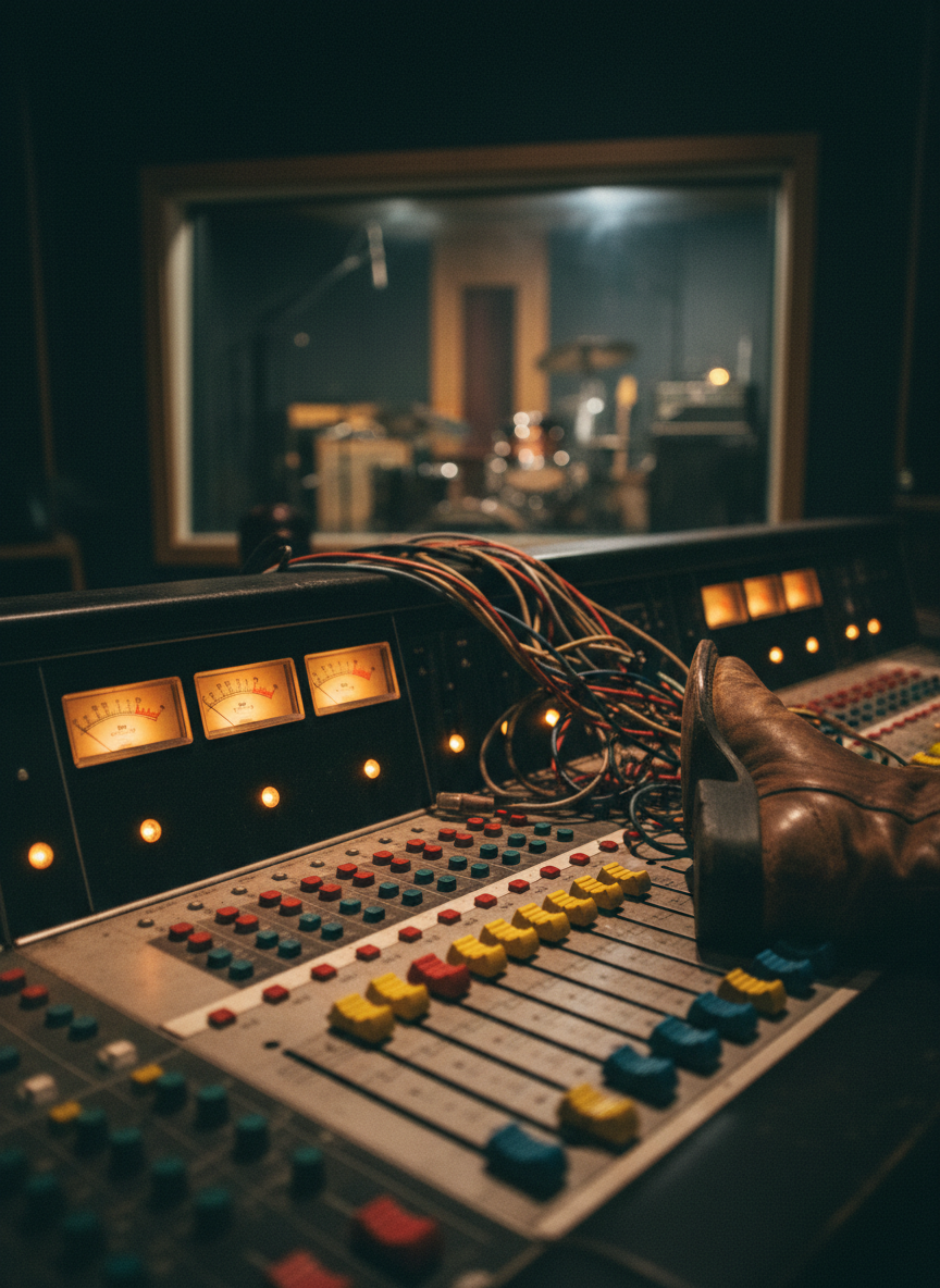 A close-up of an old-school analog mixing console in a dim Texas studio, its brushed metal surface dotted with brightly colored fader caps, scratched volume markings, and glowing VU meters pinned just into the red. Coiled patch cables and a weathered leather boot heel rest on the edge of the console, as if someone just stepped back. Small amber bulbs cast a warm, moody glow over the control room, while a window to the live room shows only blurred drum shells and amps in the background. Photographic realism with a shallow depth of field keeps the focus on the lit meters and tactile textures. The composition, shot from a low side angle, feels bold, focused, and ready to capture a raw country rock performance.