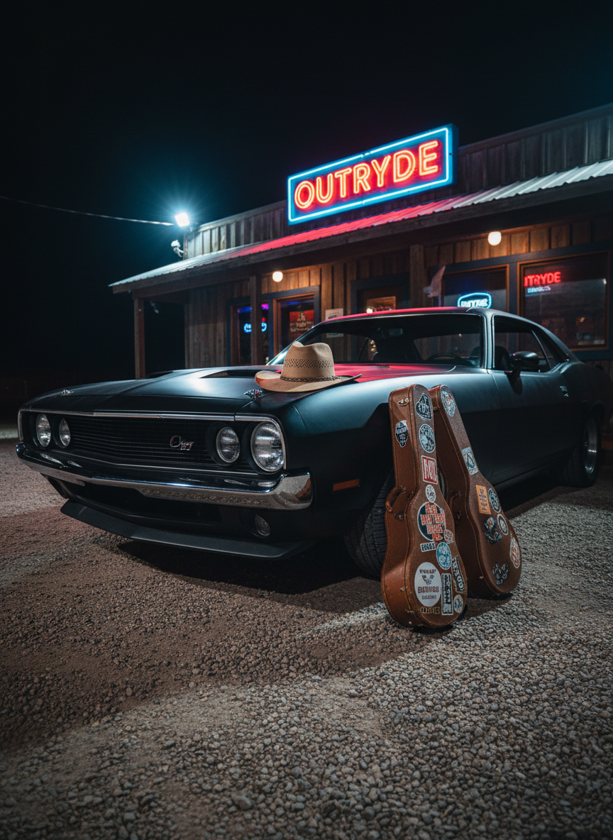 A dusty cowboy hat made of sweat-stained tan felt rests crown-down on the hood of a matte-black muscle car parked beside a rural Texas bar, its chrome badge reflecting the neon sign that spells “OUTRYDE.” A pair of worn leather guitar cases lean against the driver’s side door, their stickers hinting at small-town venues across the Midwest. The gravel lot is lit by a mix of harsh white security lights and warm neon glow, creating long, dramatic shadows in photographic realism. Shot at night from a low three-quarter front angle of the car, the composition emphasizes bold lines, outlaw swagger, and heartland grit, as if the music inside the bar is about to spill into the open air.