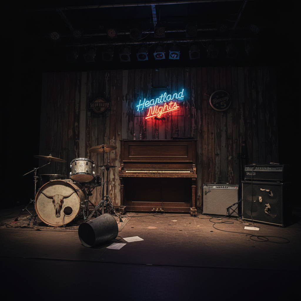 A stripped-down Texas roadhouse stage at midnight, captured in photographic realism: a lone drum kit with a faded longhorn decal on the bass head, a scarred upright piano with chipped keys, and twin half-stack amps buzzing with tiny red standby lights. Neon beer signs in the background, one reading “Heartland Nights,” cast saturated reds and blues across the peeling wood-paneled walls. The stage floor is littered with setlists, guitar picks, and an upended steel beer bucket used as a makeshift percussion piece. Overhead, harsh, uneven stage lights create high-contrast shadows and dramatic rim lighting around the gear. Shot from an audience-eye level with a wide composition, the mood is raw, defiant, and electric, like the gear is waiting to explode into a live Texas country rock set.