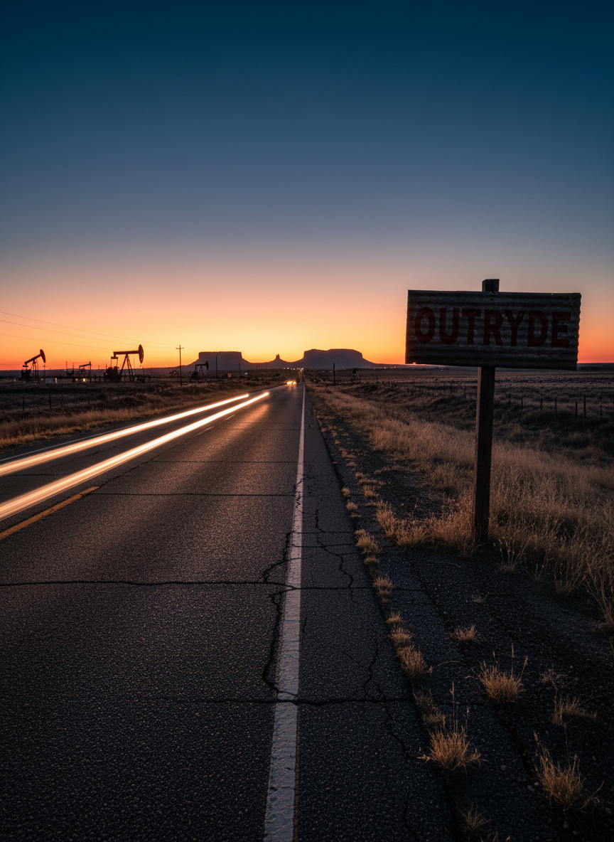 A long stretch of two-lane Texas highway at dusk, faded yellow center line leading straight toward a distant horizon of low mesas and oil pumpjacks silhouetted against a burning orange-pink sky. A weathered roadside sign reads “OUTRYDE” in bold, chipped red letters on corrugated metal, bolted to a rough wooden post. The asphalt is cracked, with tufts of dry grass pushing through. Headlight beams from an unseen vehicle streak along the foreground, captured in a long exposure effect. The scene is lit by the last intense sunlight and the cold blue of impending night, creating strong contrasts in photographic realism. Shot from a low, road-level perspective with a wide-angle lens, the composition feels fast, rebellious, and wide open, echoing the outlaw Americana sound.